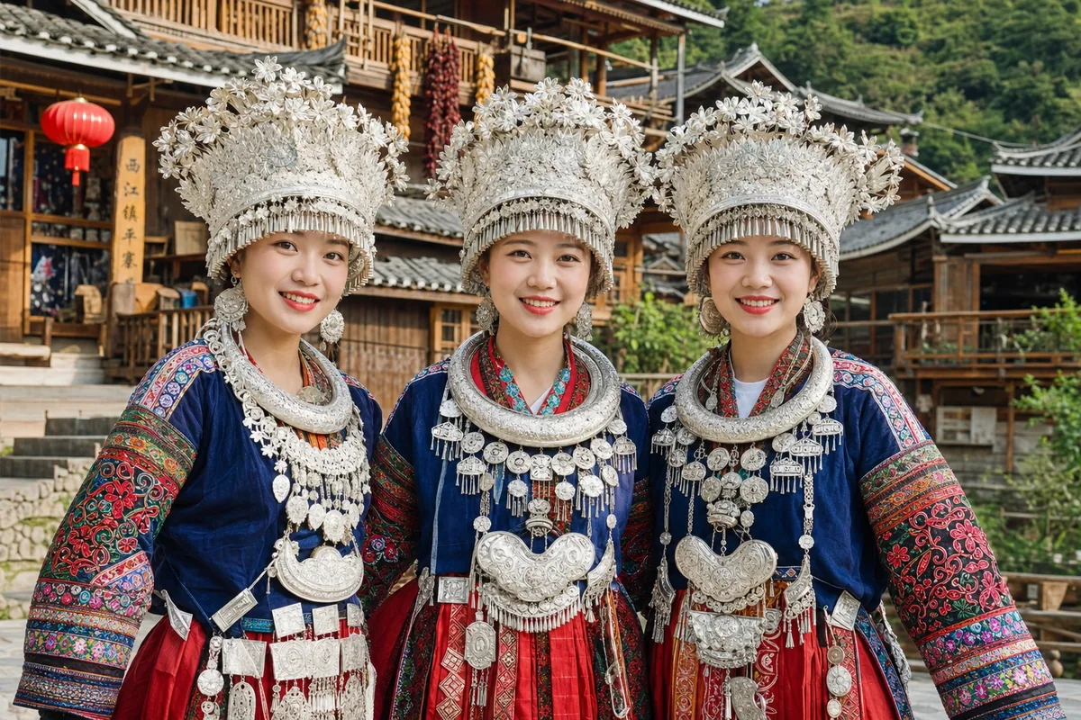 Miao women in traditional silver headdresses and embroidered dress at a Miao village near Fenghuang