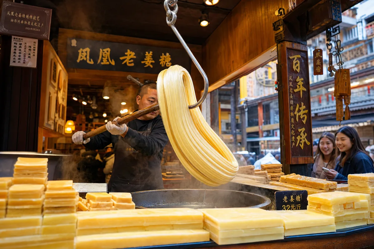 Hand-pulled ginger candy being made at a shop in Fenghuang Ancient Town