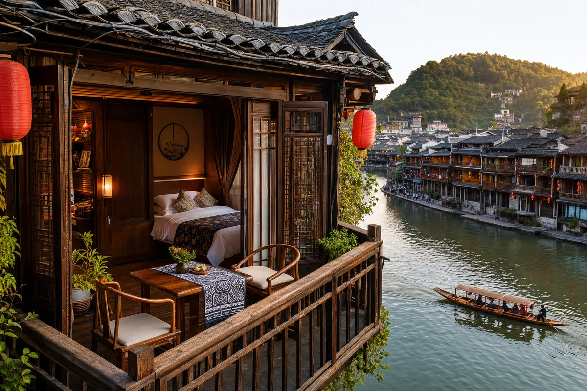 Riverside guesthouse with a balcony overlooking the Tuojiang River in Fenghuang