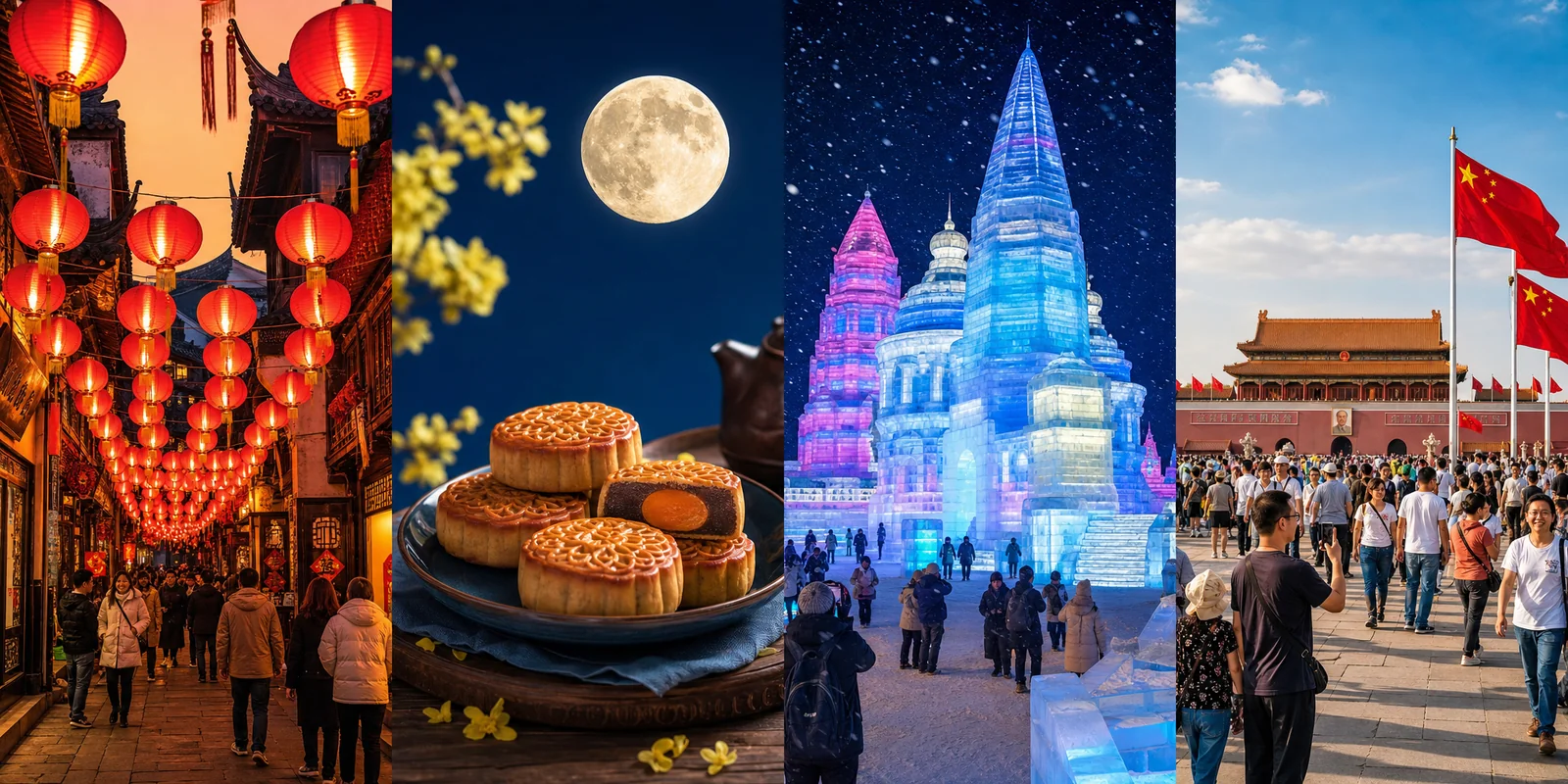 Collage of Chinese festivals: Spring Festival red lanterns, Mid-Autumn mooncakes under a full moon, Harbin ice sculptures, and National Day crowds