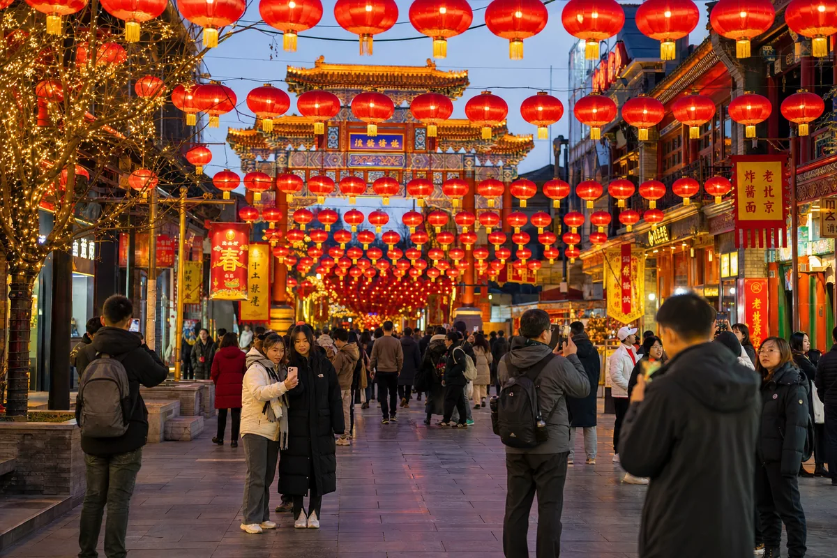 City street decorated with red lanterns and festive decorations during Chinese New Year