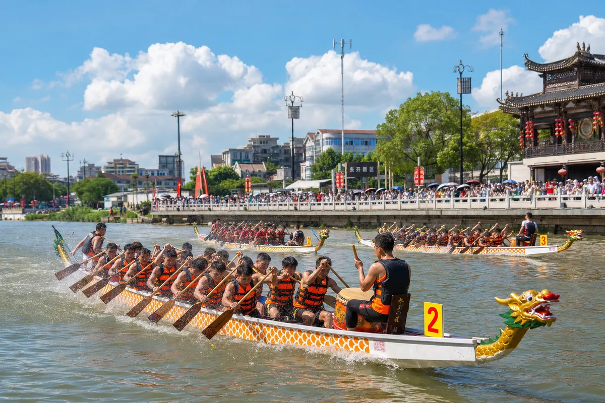 Dragon boat race with rowers and drummers on a southern Chinese river during Dragon Boat Festival