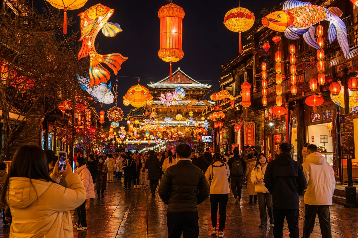 Colorful lantern displays lighting up an old town at night during the Lantern Festival