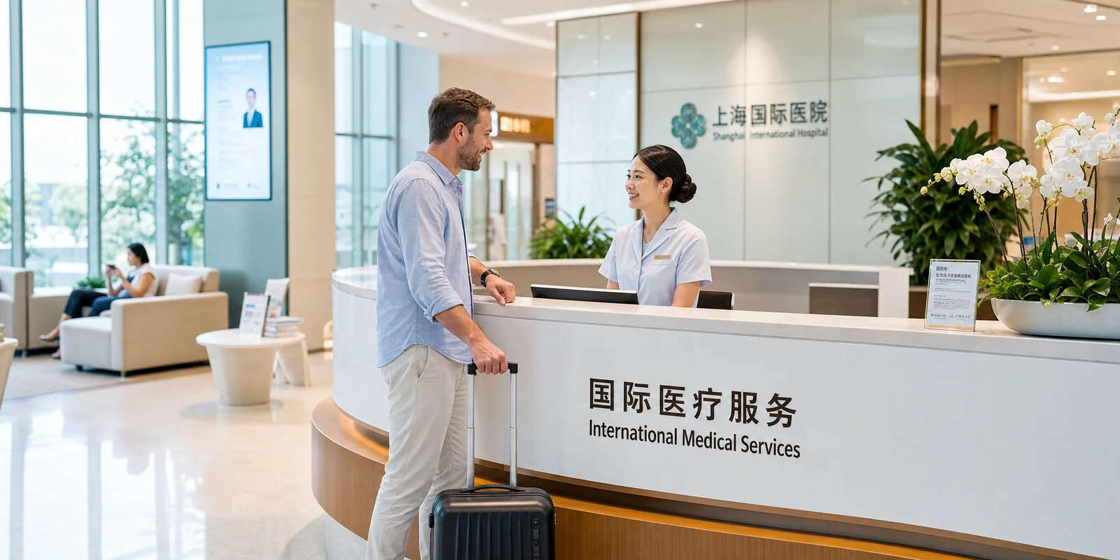 Modern reception lobby of an international hospital in China with bilingual English signage and staff helping a foreign patient