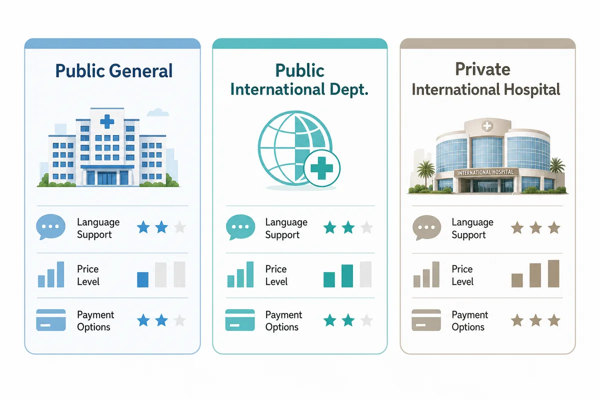 Infographic comparing three hospital options in China for foreign patients: public general, public international department, private international hospital