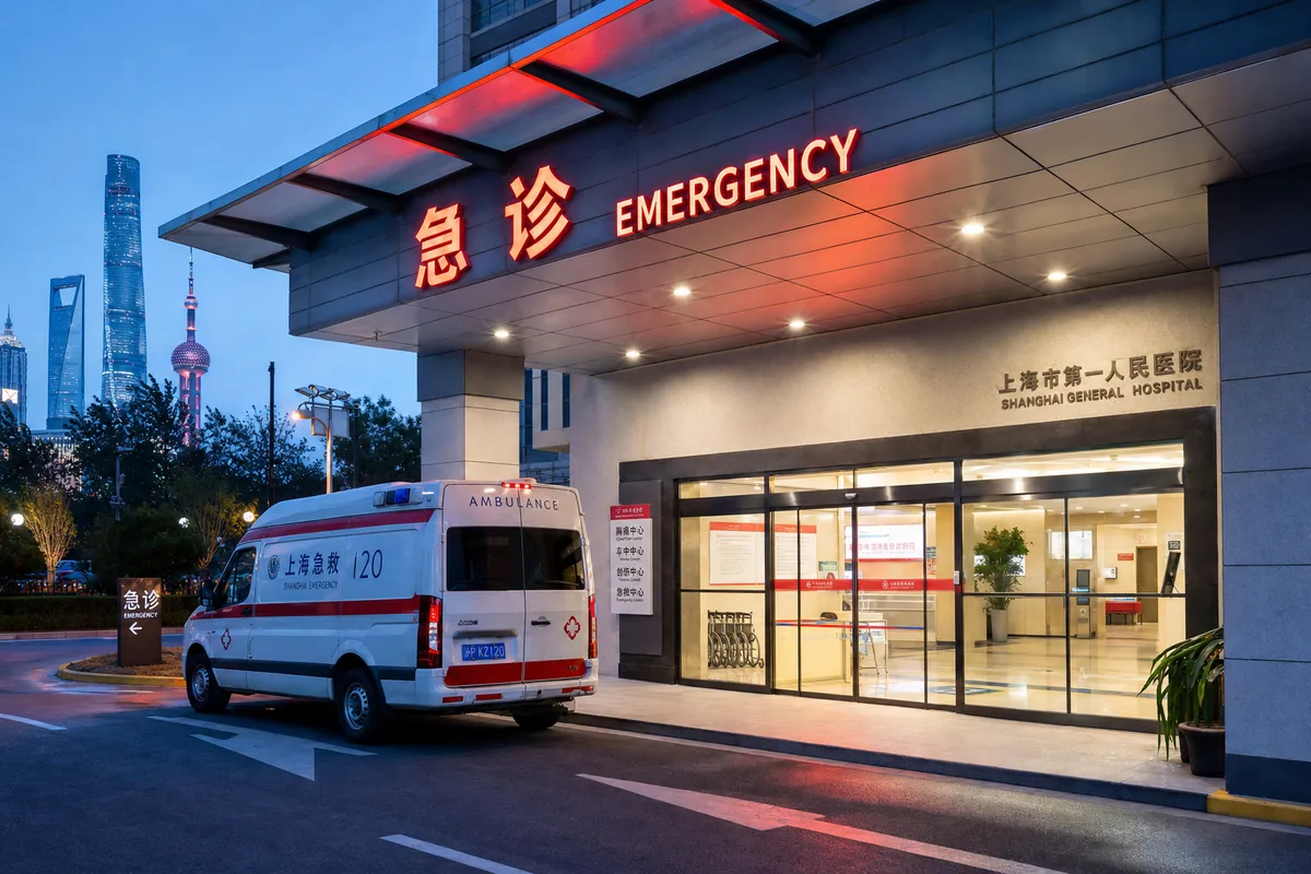Emergency room entrance of an international hospital in Shanghai at night with a red emergency sign and an ambulance parked outside
