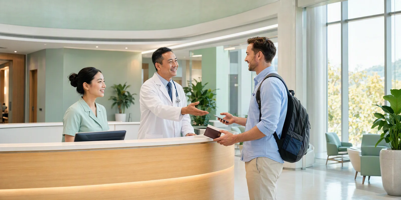 The bright reception desk of a hospital international department in China with staff greeting a foreign patient