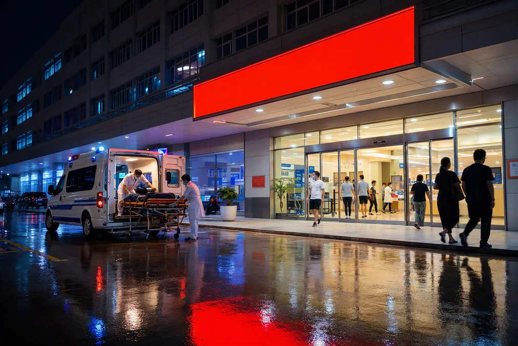 The emergency entrance of a large Chinese hospital at night with an ambulance parked outside