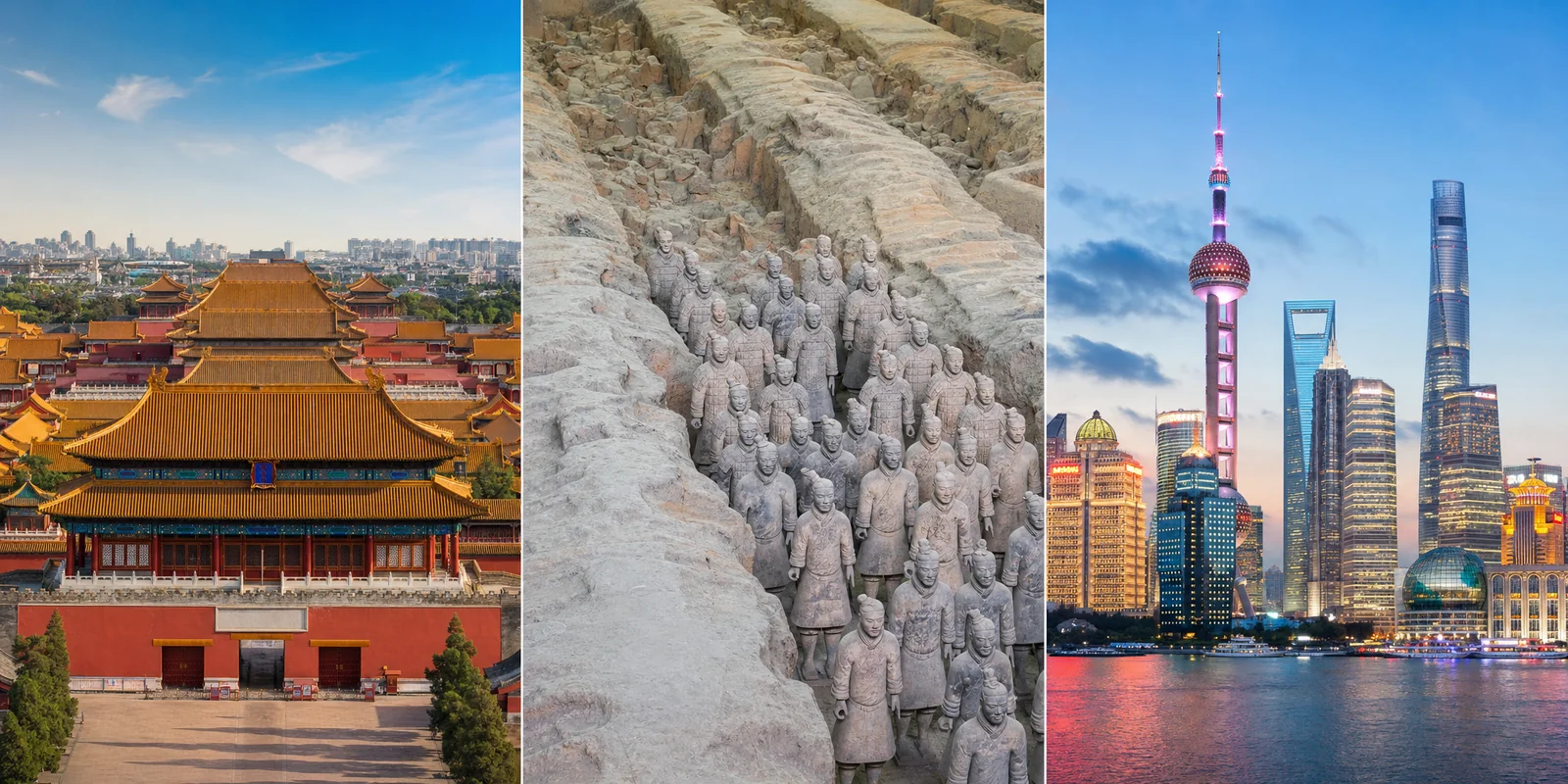 First time China itinerary route showing Beijing Forbidden City, Xi'an Terracotta Army, and Shanghai skyline