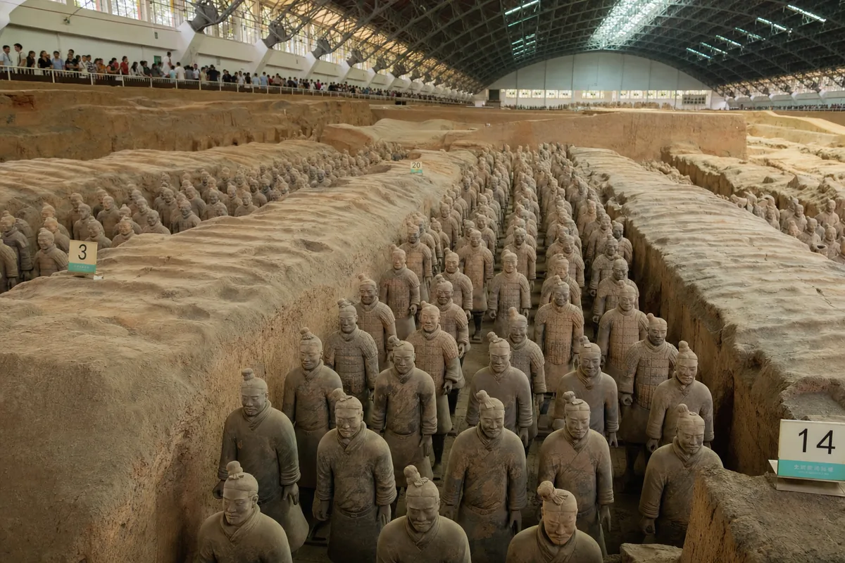 Rows of Terracotta Army warriors in Pit 1 in Xi'an