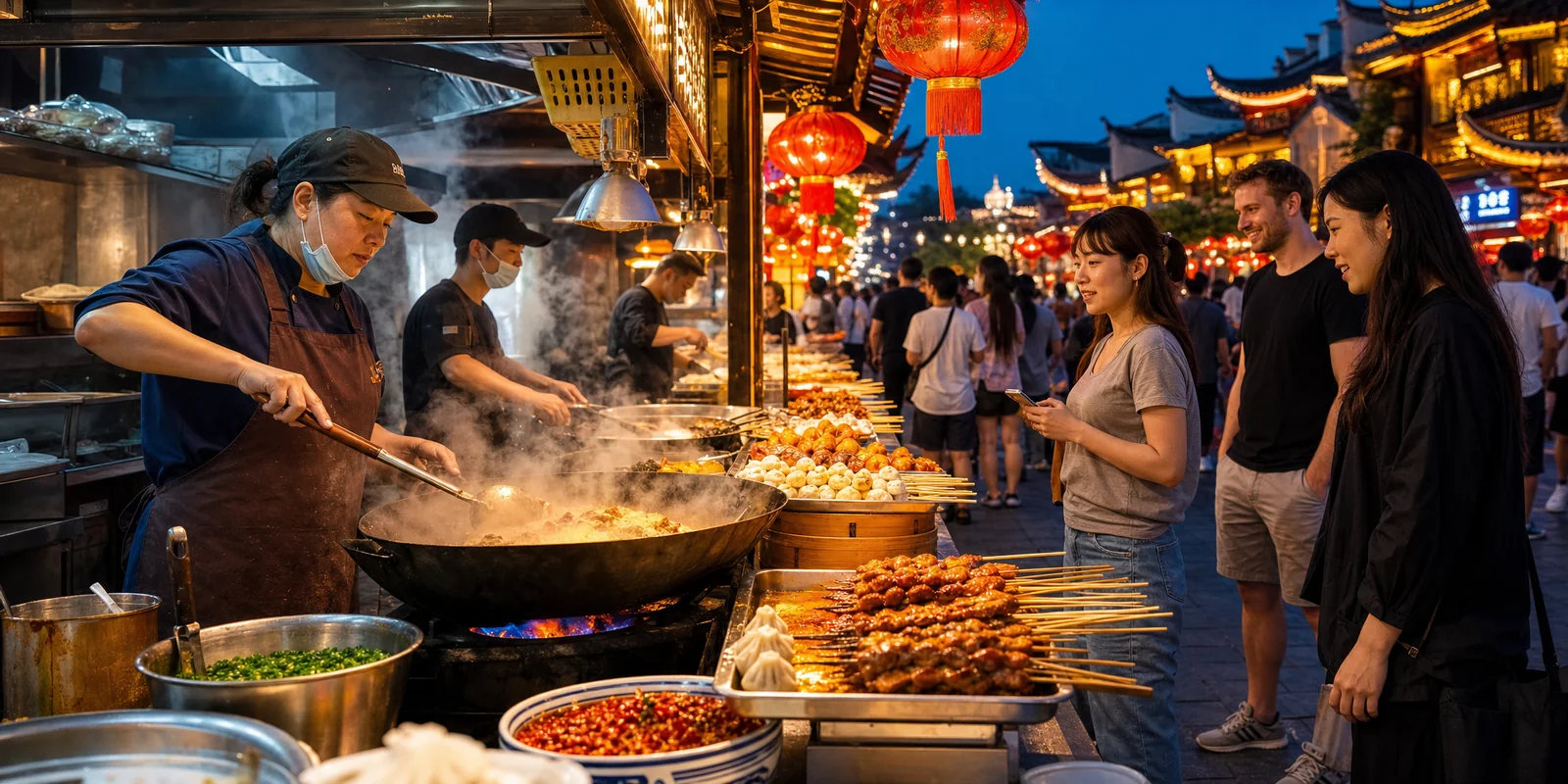 Busy Chinese street food night market with freshly cooked dishes and steam rising