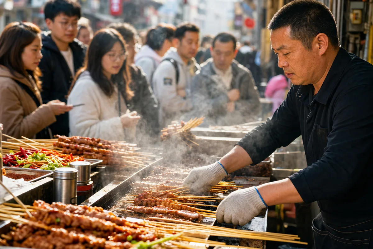 Vendor cooking fresh street food to order at a busy stall in China