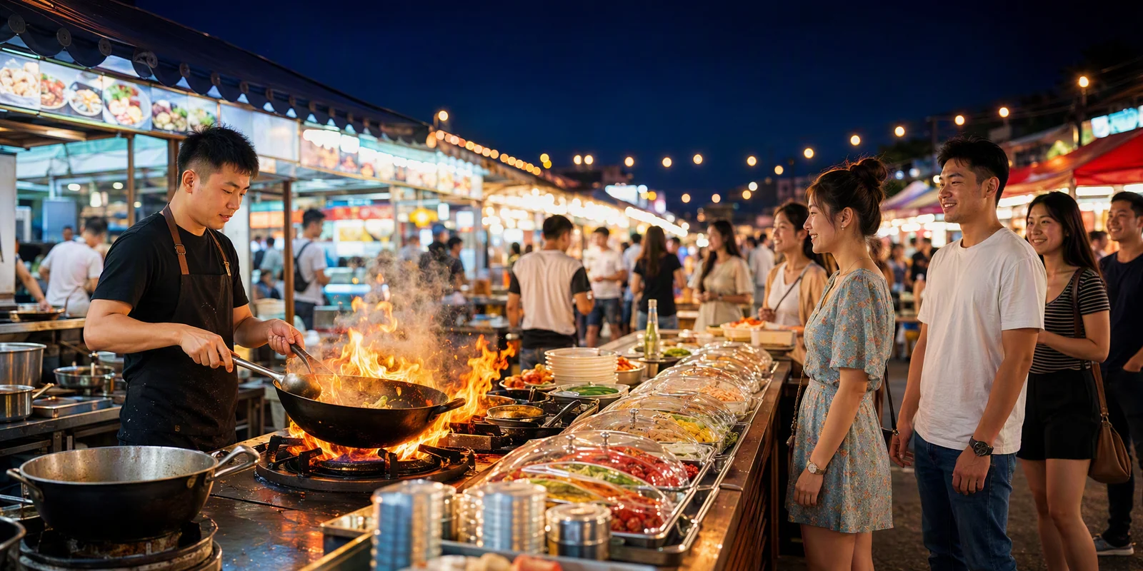 A night market cook stir-frying over a roaring flame while locals queue at the stall
