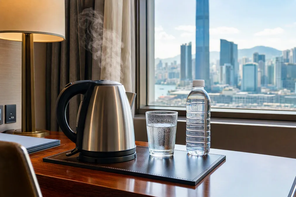 A hotel-room kettle steaming beside a glass of cooled water and a sealed bottle of water