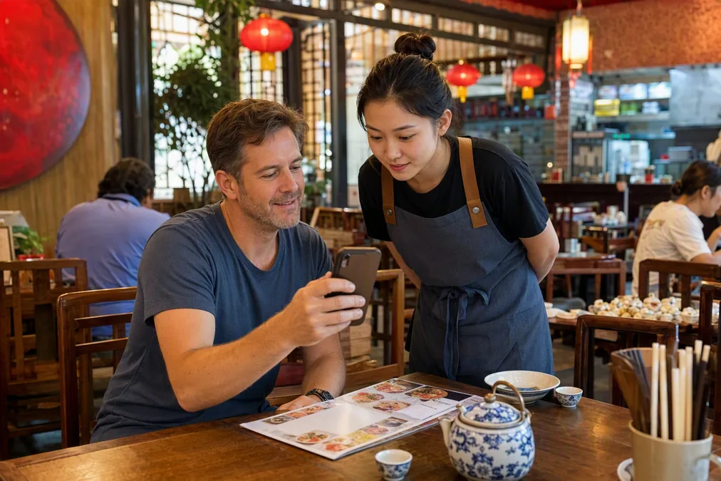 A diner showing a server a phone screen with a written allergy message at a restaurant table in China