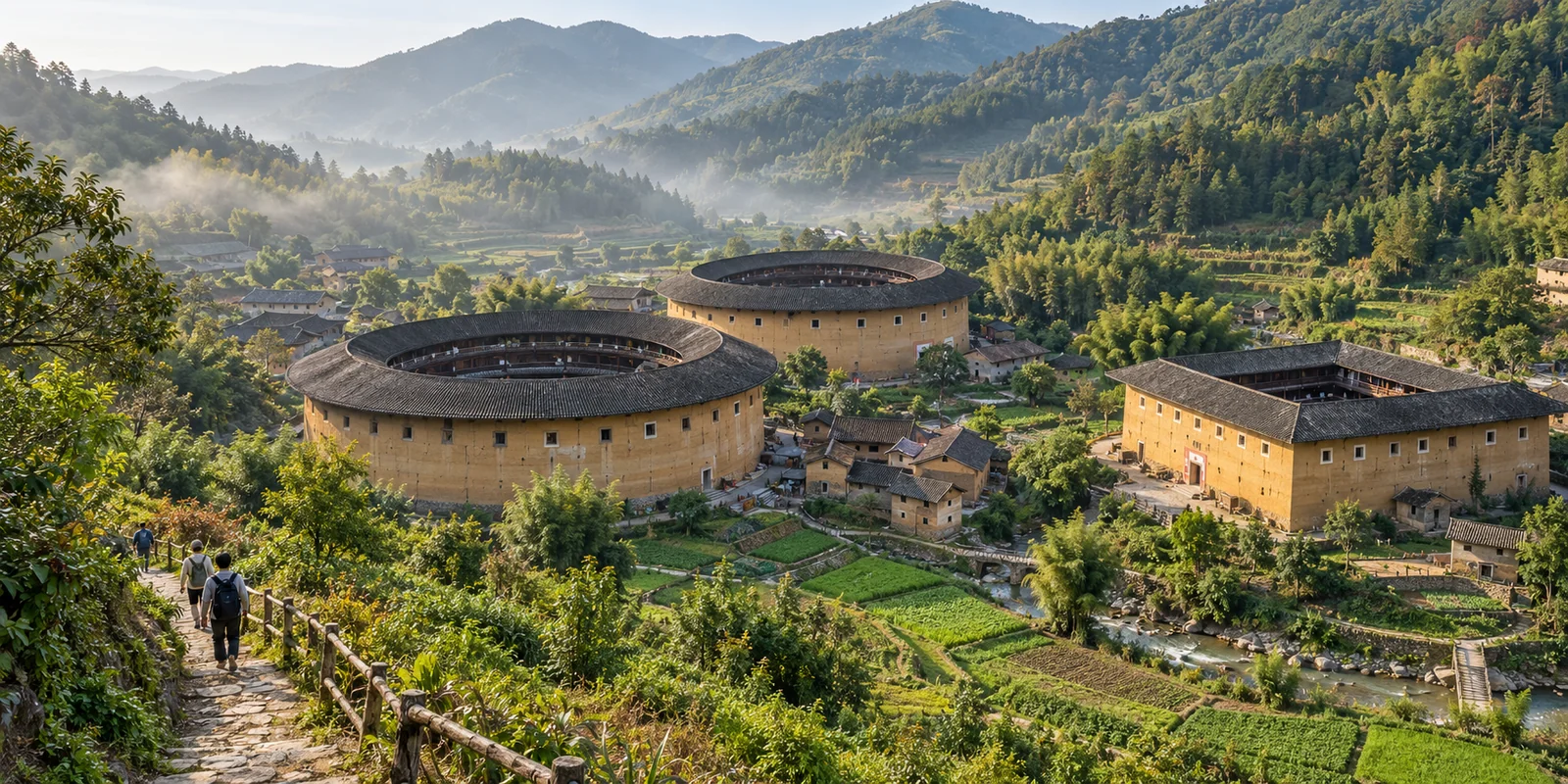 Round and square earthen tulou buildings among green terraced fields in a hill valley in southwest Fujian