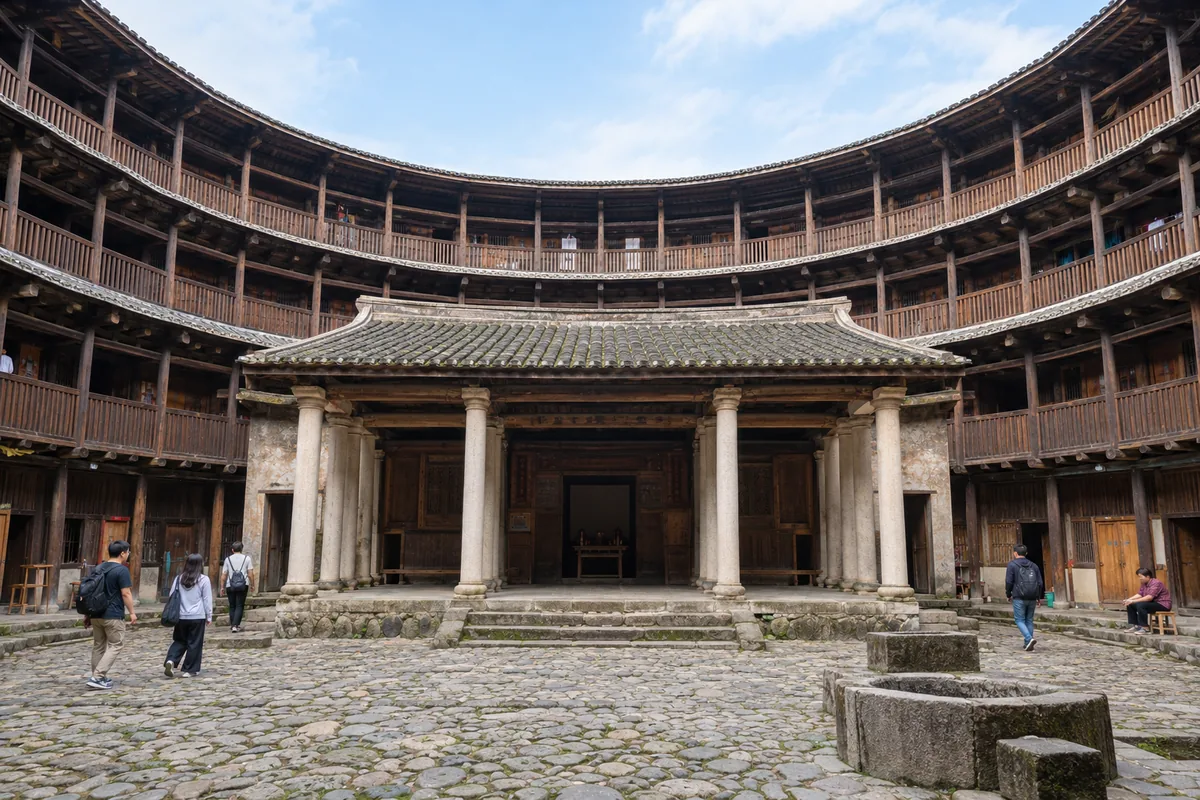 Inside Zhencheng Lou in Yongding: an inner ring hall with Western-style columns inside the round wooden balconies of the outer ring