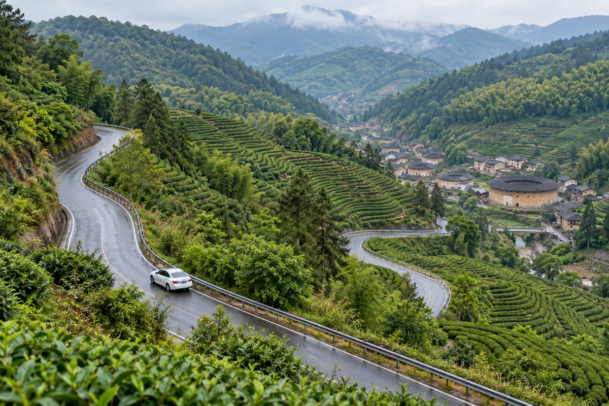 A private car on a winding mountain road through tea terraces in the tulou area of southwest Fujian