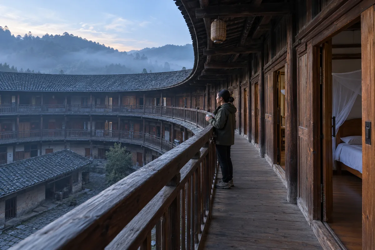 Early morning on the upper wooden balcony of a tulou guesthouse, with simple guest-room doors and mist over the courtyard