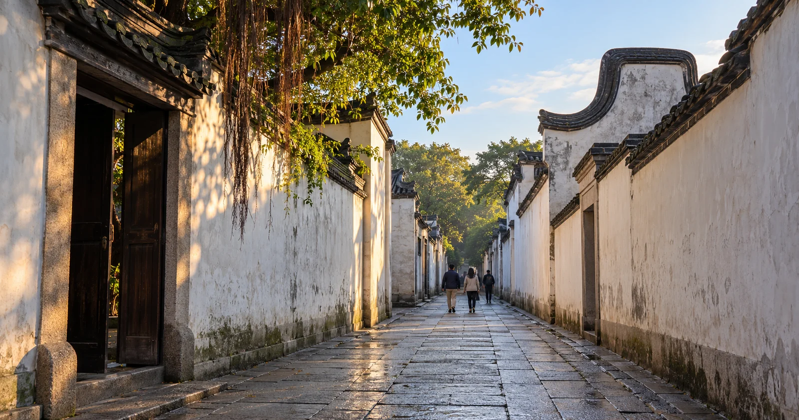 A stone-paved lane in Sanfang Qixiang, Fuzhou, between tall white walls with curved horse-head gables in soft morning light
