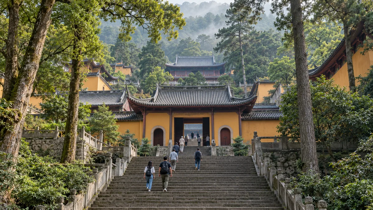 Yongquan Temple on the wooded slopes of Mount Gu (Gushan) outside Fuzhou, with stone steps and temple halls in light mist