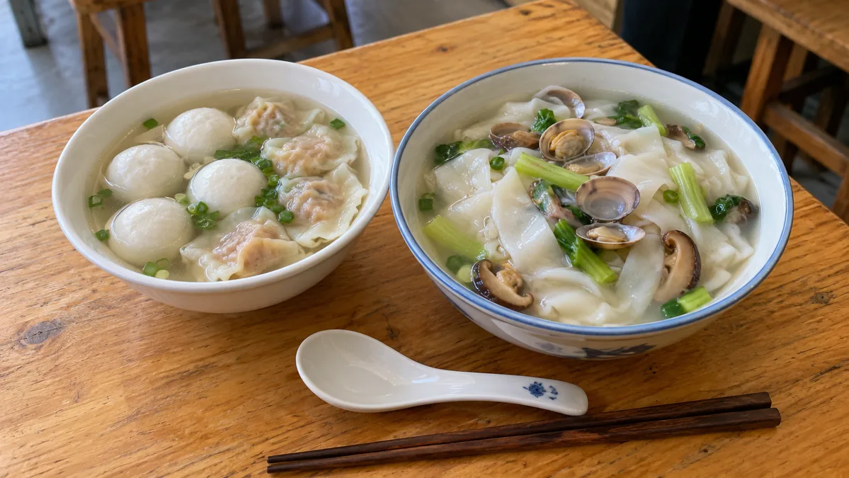 Fuzhou fish ball soup with rouyan wontons and a bowl of guobian rice-batter soup on a wooden table