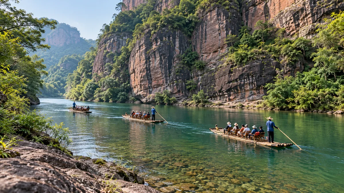 Bamboo rafts on the Nine-Bend Stream at Mount Wuyi, with red sandstone cliffs and green trees on both banks