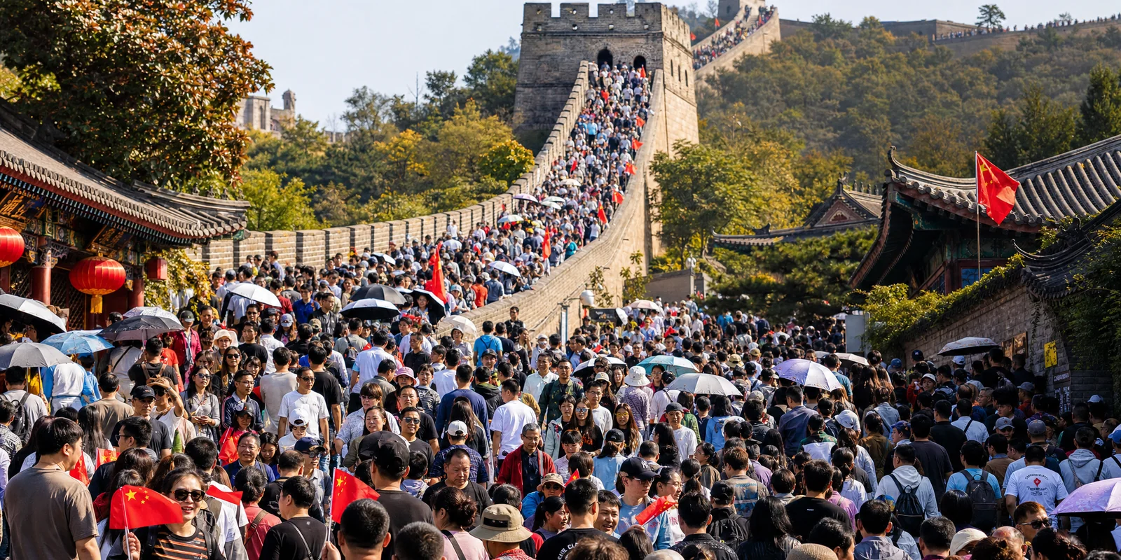Dense crowds of domestic tourists at a major Chinese scenic spot during the Golden Week National Day holiday