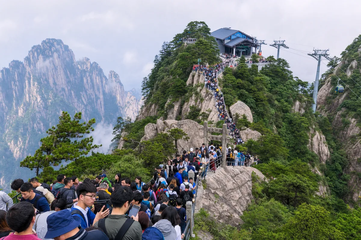 Long queues of tourists on mountain steps and at a cable car station during Golden Week in China