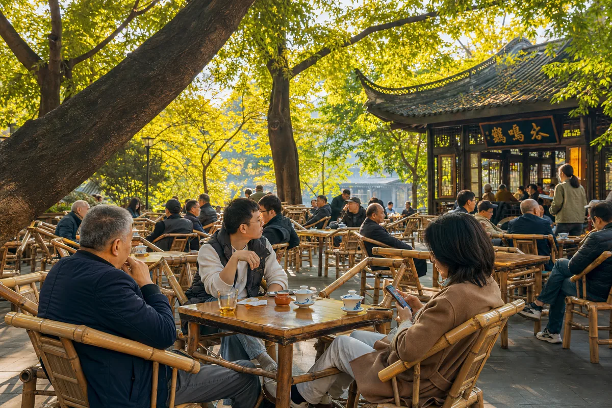 A relaxed traditional teahouse in Chengdu with locals, an alternative to crowded Golden Week destinations