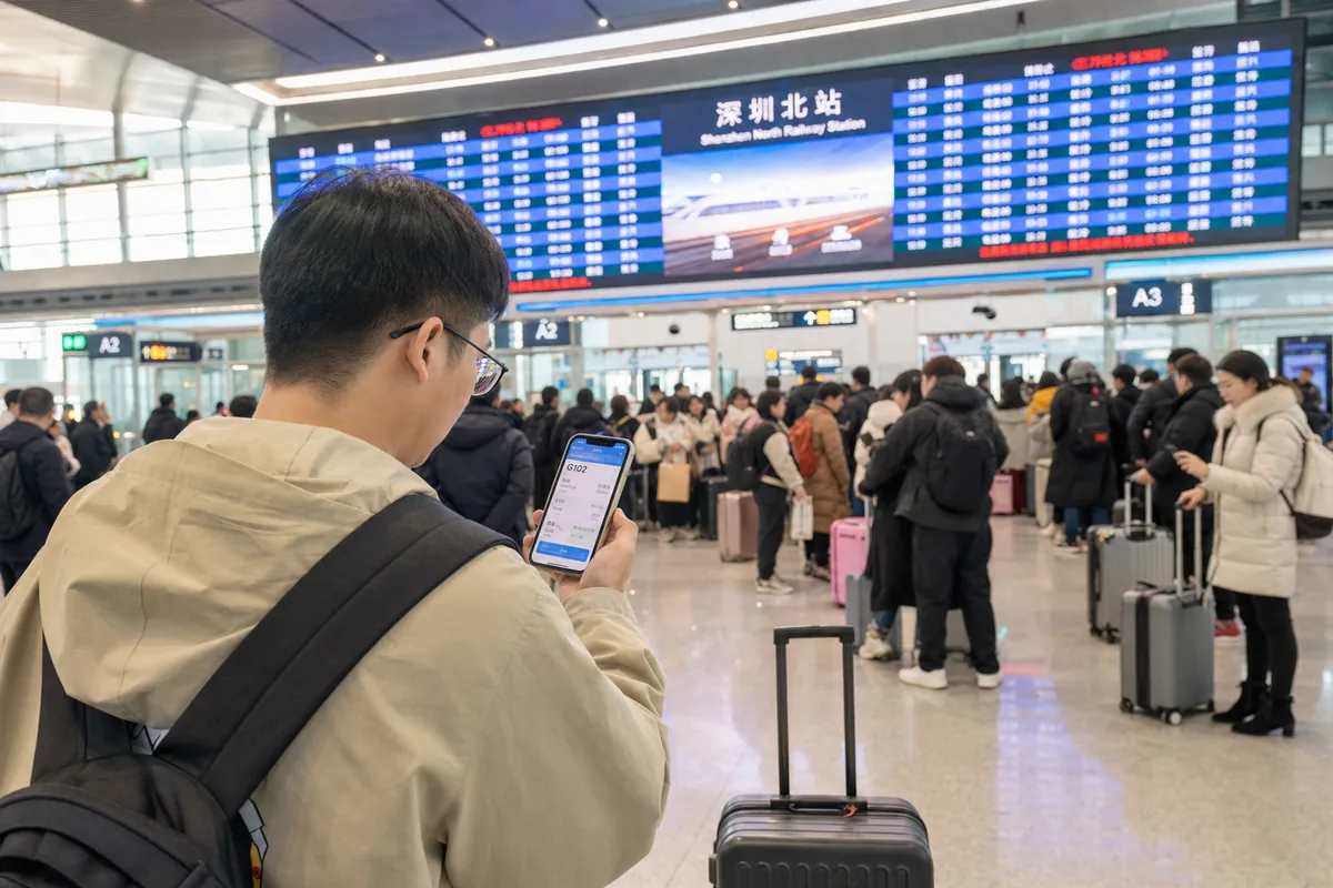 Traveler checking a phone with a train ticket at a busy Chinese high-speed rail station during the holiday