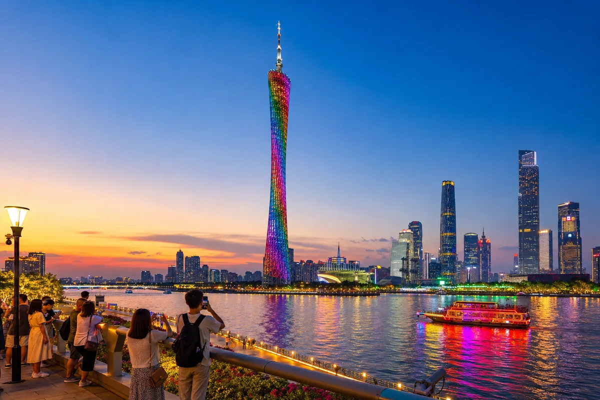 Canton Tower lit up at dusk above the Pearl River in Guangzhou
