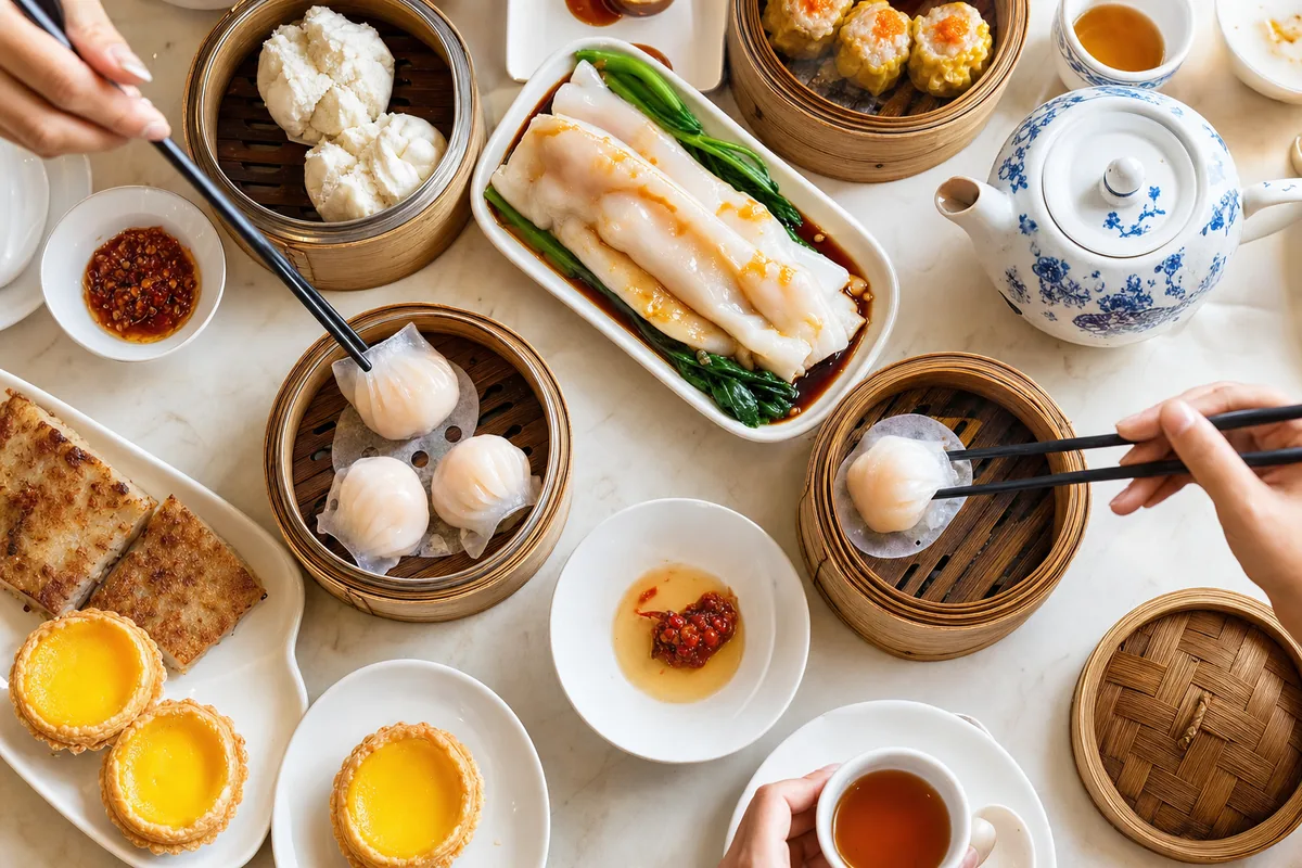 A table of Cantonese dim sum including shrimp dumplings and rice noodle rolls with tea