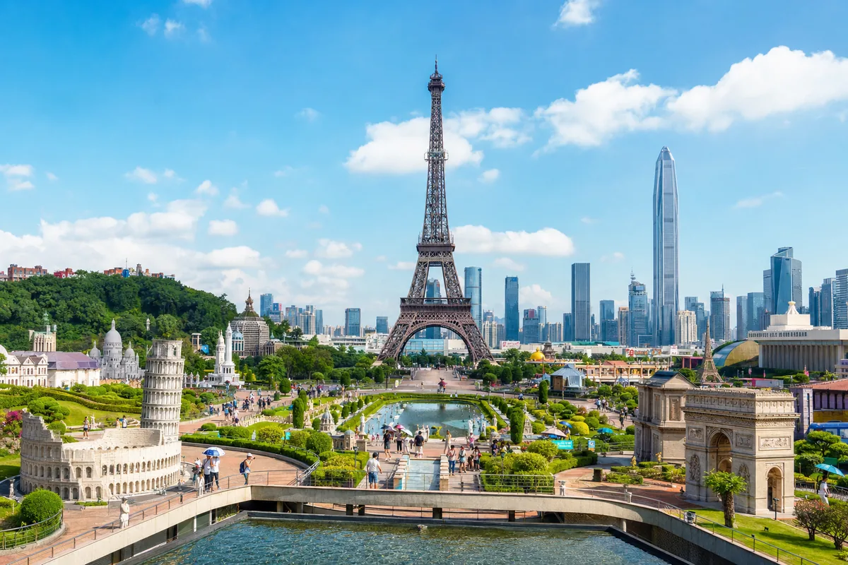 Miniature world landmarks including a scaled Eiffel Tower at Window of the World, Shenzhen