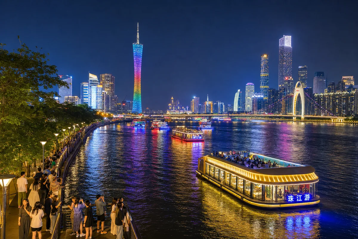 Night cruise boats on the Pearl River with illuminated Guangzhou skyline