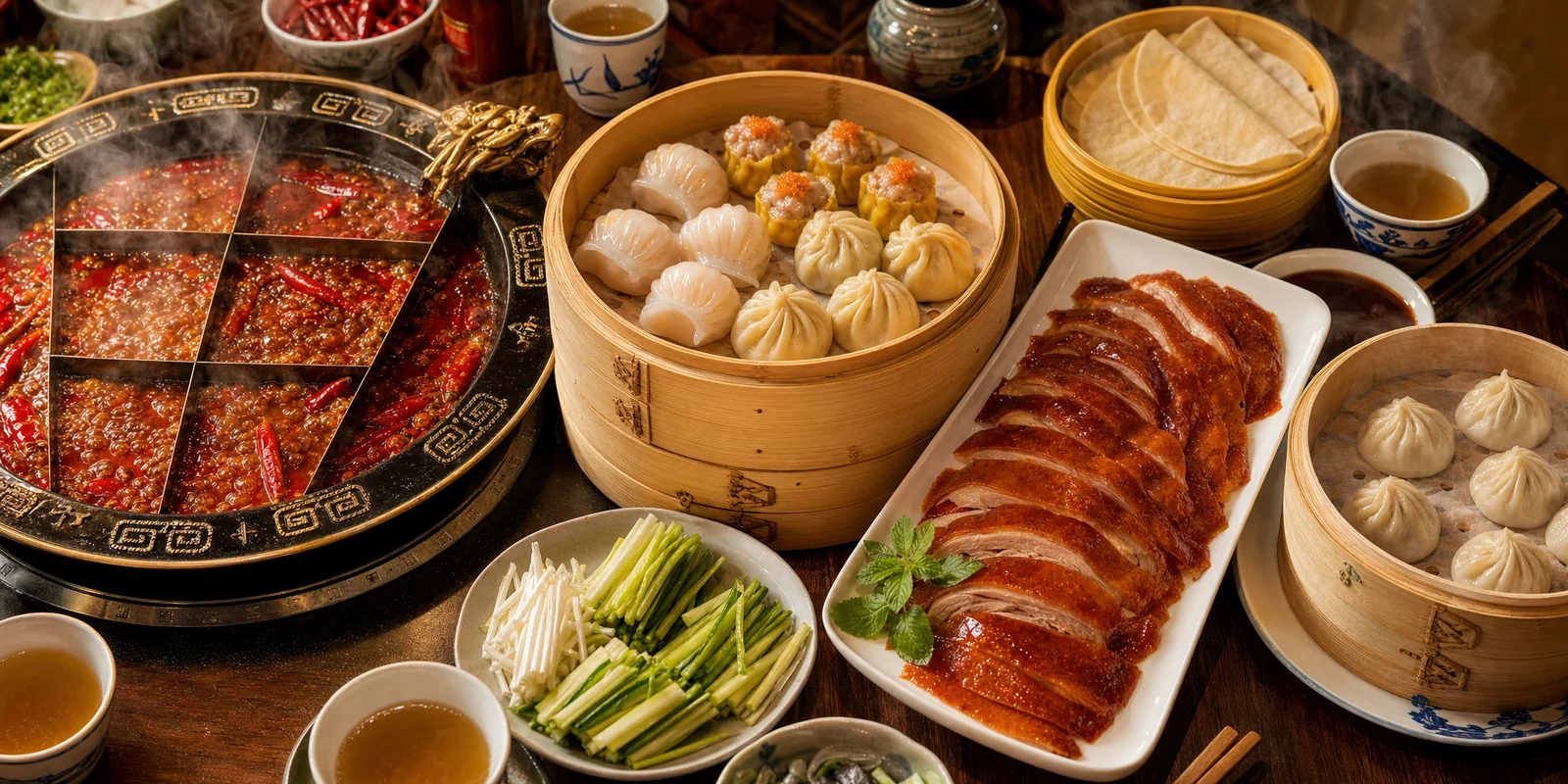 A spread of regional Chinese dishes including Sichuan hot pot, Cantonese dim sum, Peking duck, and soup dumplings