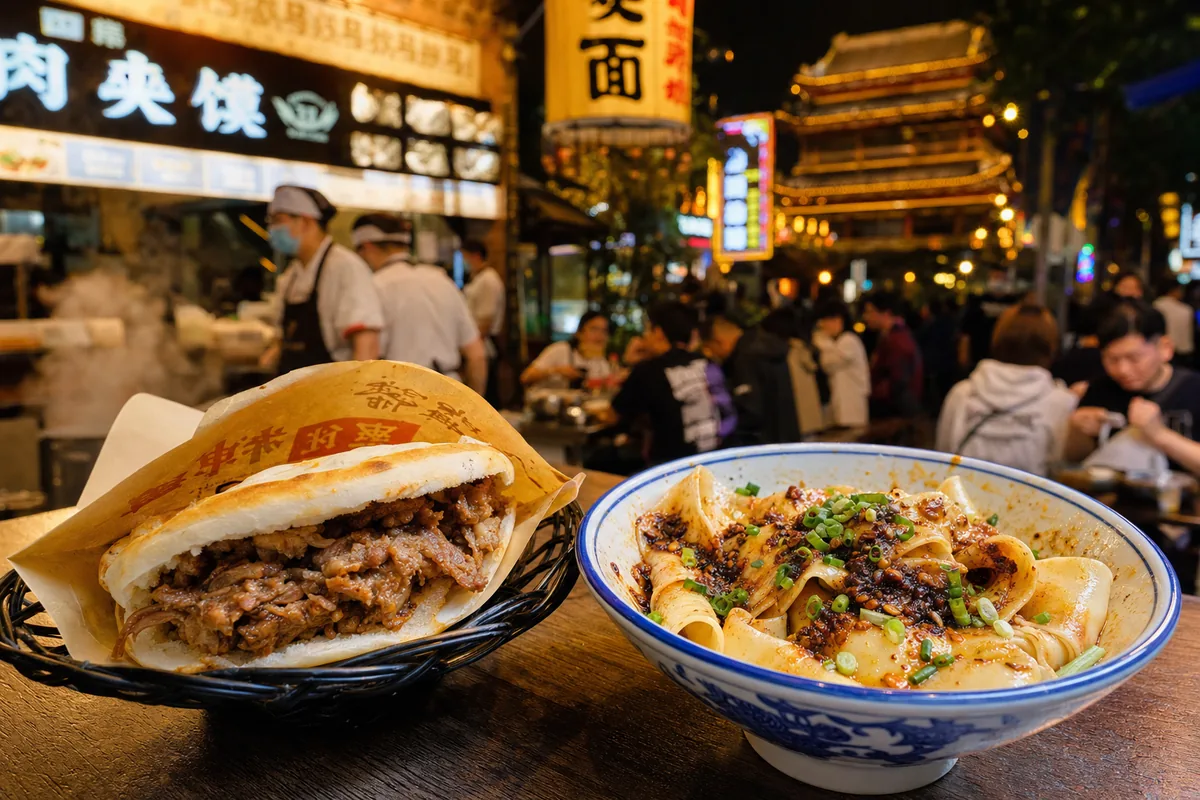Xi'an street food with roujiamo flatbread sandwich and wide biangbiang noodles