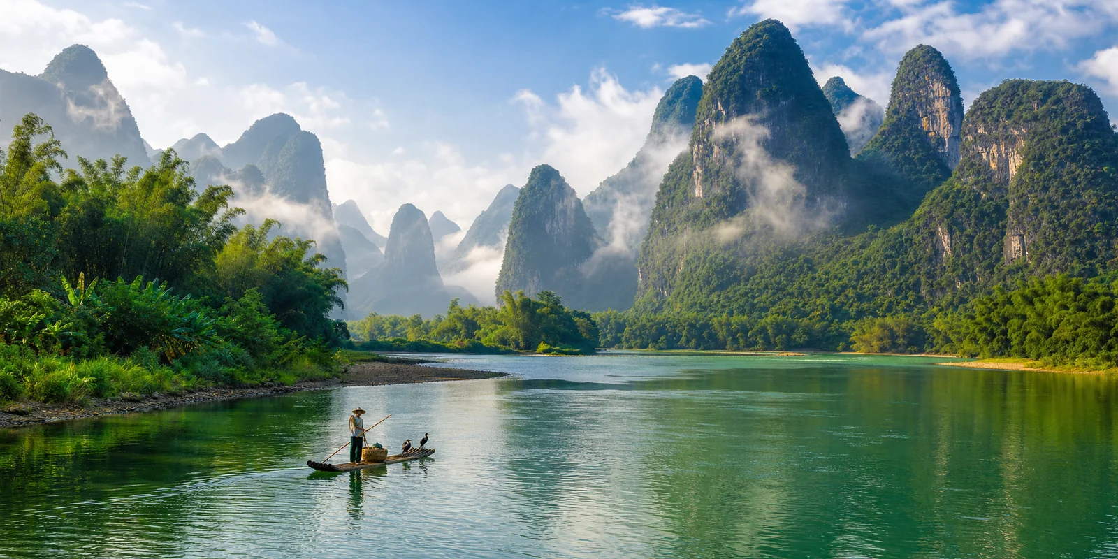 Karst mountain peaks rising along the green Li River near Yangshuo, the signature Guilin landscape