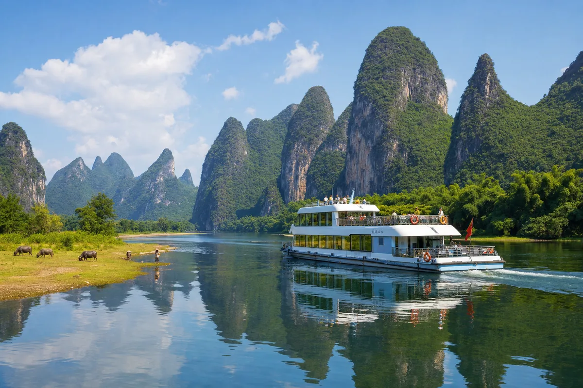 Tourist cruise boat sailing down the Li River between karst peaks toward Yangshuo