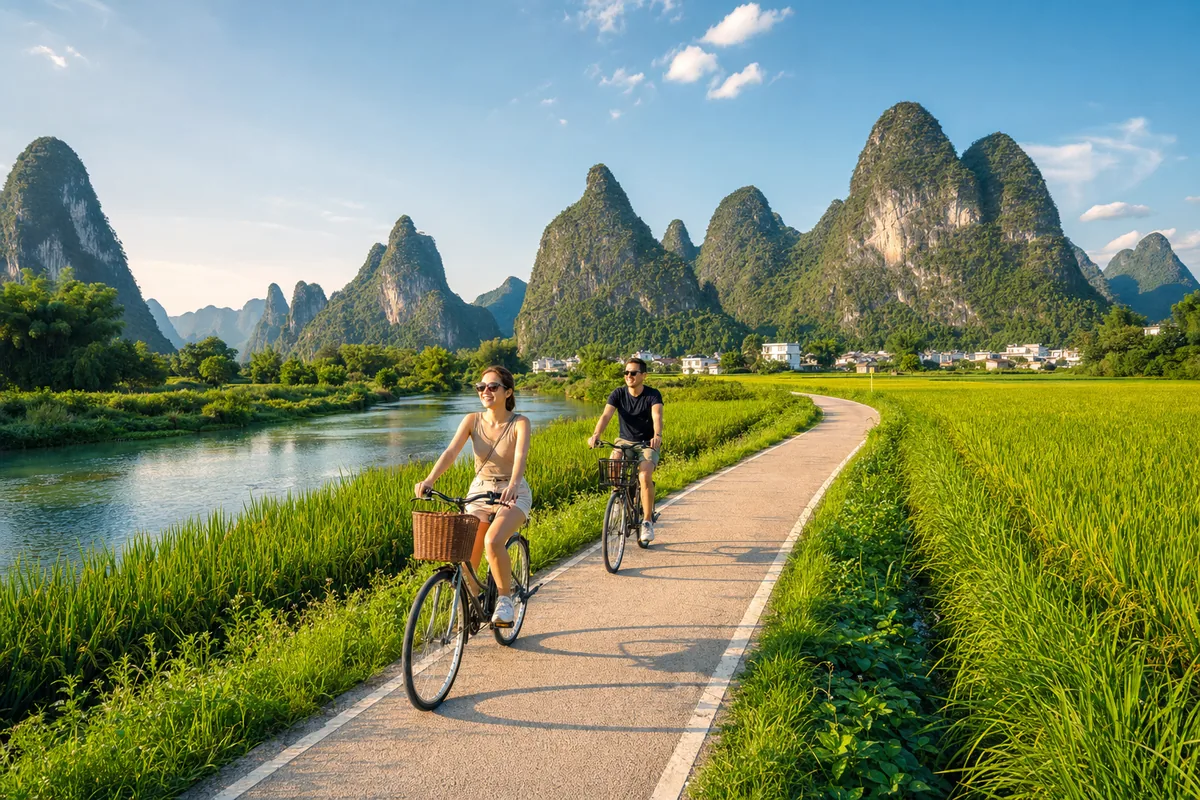 Cyclists riding through Yangshuo countryside paddies with karst peaks along the Yulong River
