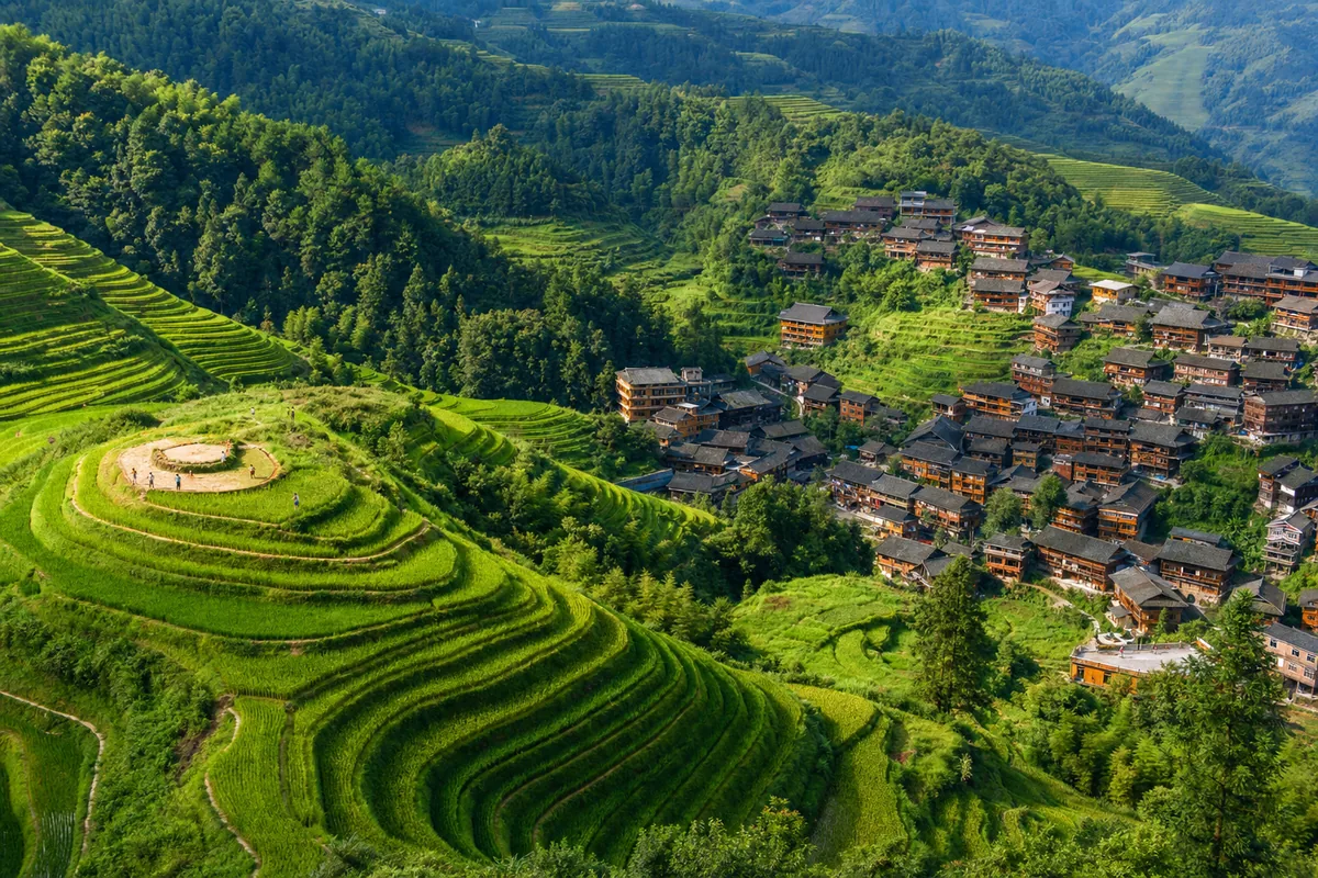 Longji Dragon's Backbone rice terraces curving along steep mountain slopes near Guilin