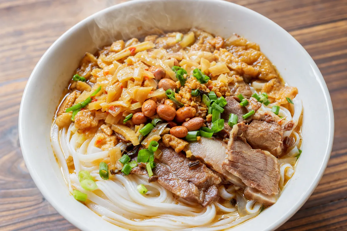 A bowl of Guilin rice noodles topped with braised gravy, peanuts and pickled vegetables