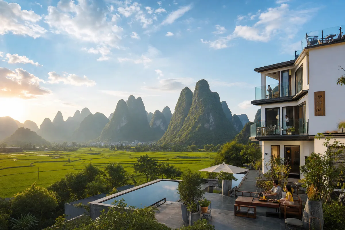 Countryside boutique guesthouse in Yangshuo backed by karst peaks and rice fields