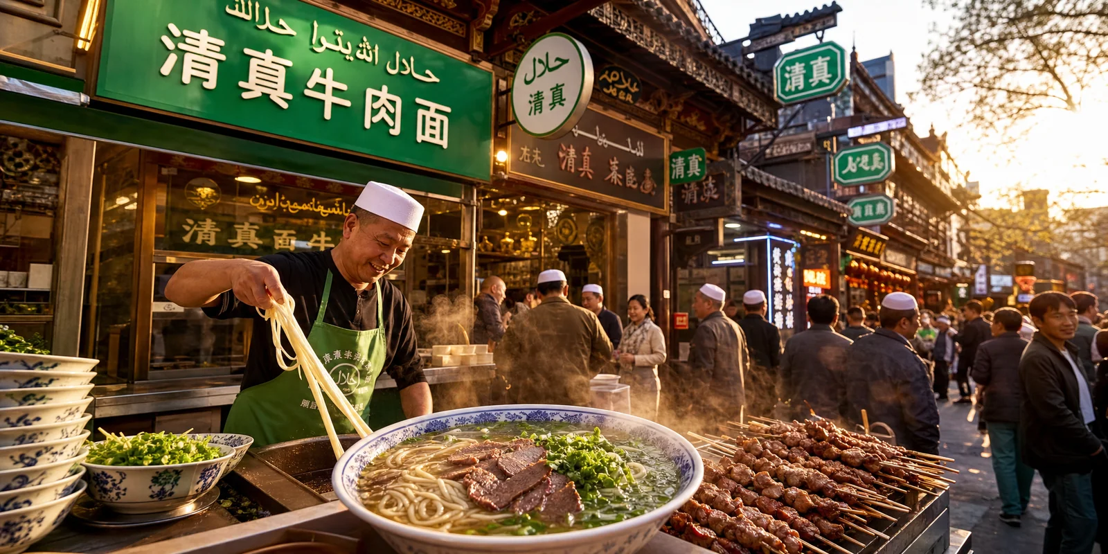 Halal food street in China with green qingzhen signage and Hui Muslim noodle stalls
