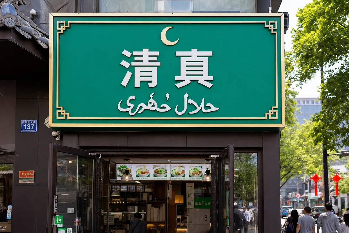 Green qingzhen halal certification sign on a Chinese restaurant storefront