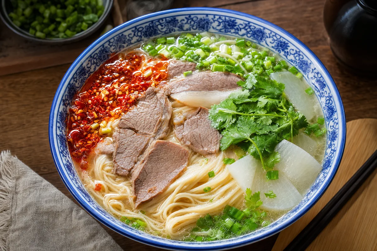 Bowl of Lanzhou hand-pulled beef noodles with clear broth, beef slices and chili oil