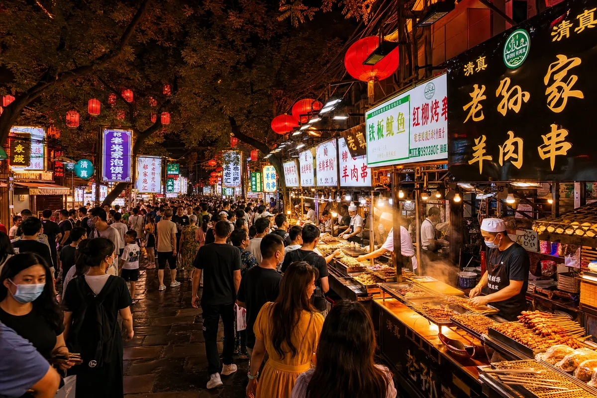 Xian Muslim Quarter food street at night with halal stalls and red lanterns