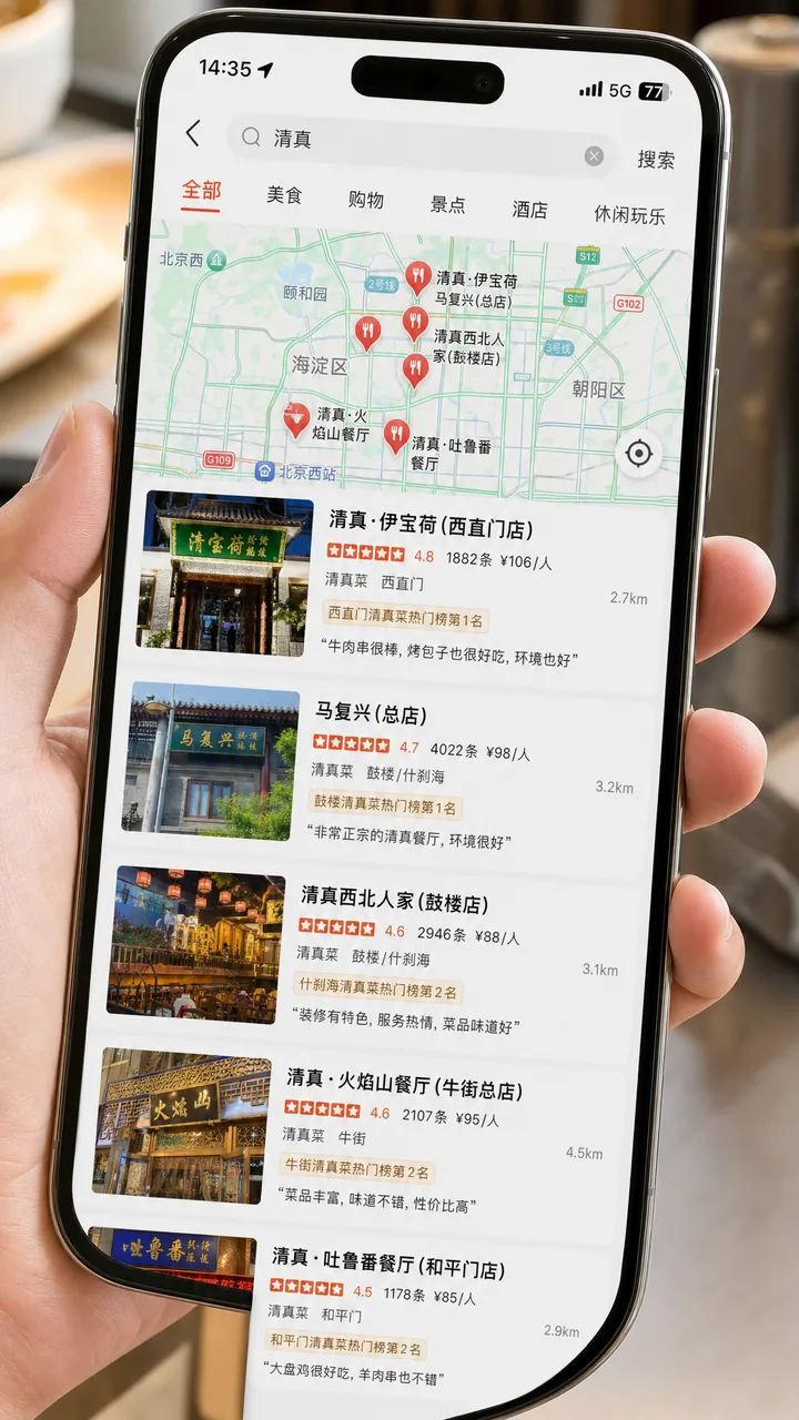 Smartphone showing a map app search for halal qingzhen restaurants in China
