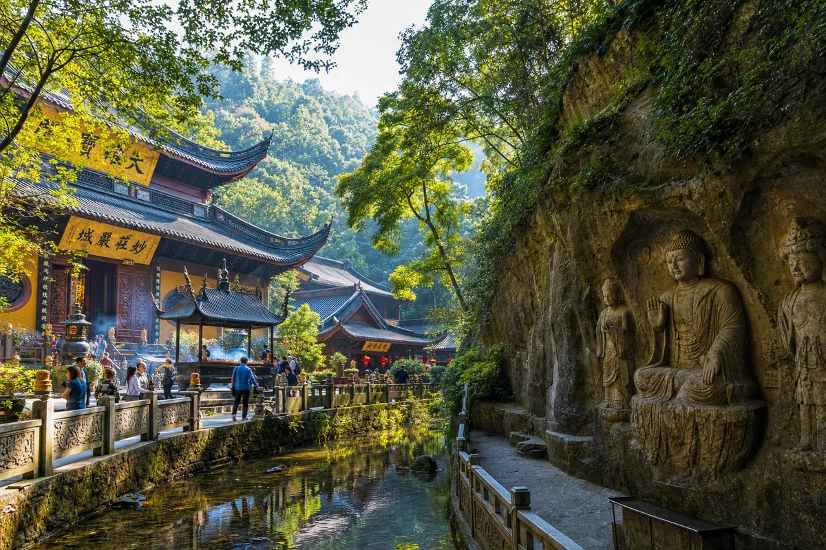 Lingyin Temple buildings and ancient Buddhist carvings on Feilai Feng hillside in Hangzhou
