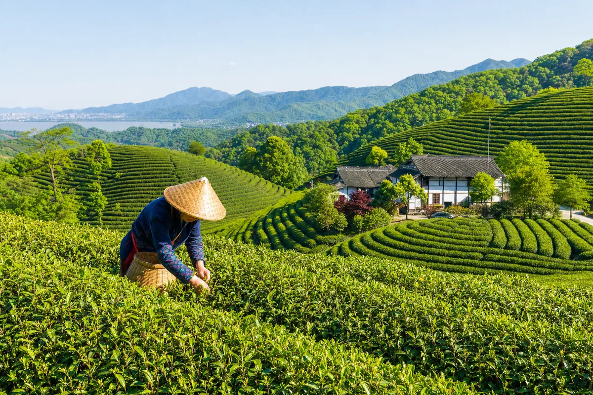 Terraced Longjing green tea fields on hillsides near Hangzhou with a tea picker